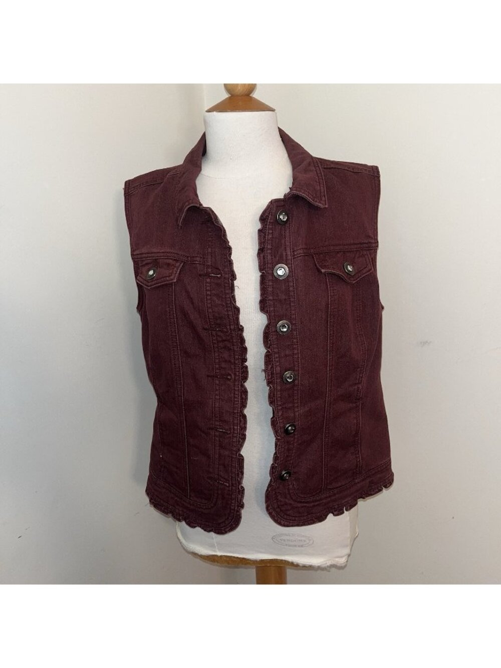 Christopher & Banks Burgundy Denim Vest Ruffled Edges Bejeweled Buttons Size Med